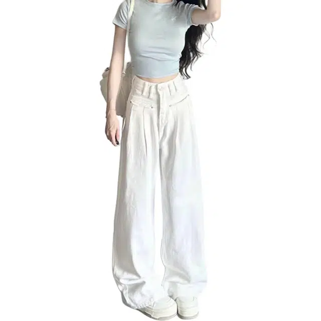 如续 美式复古宽松阔腿透气慵懒风高腰百搭长裤牛仔裤 女款