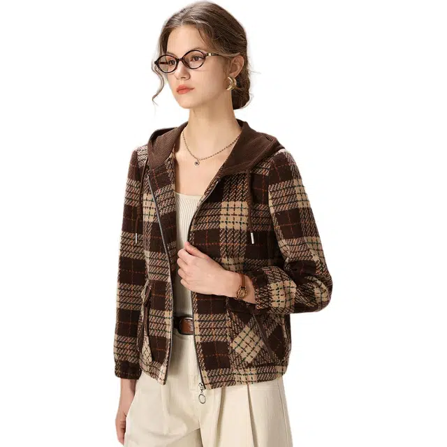 粉红玛琍 格纹连帽拉链夹克外套 女款 咖色