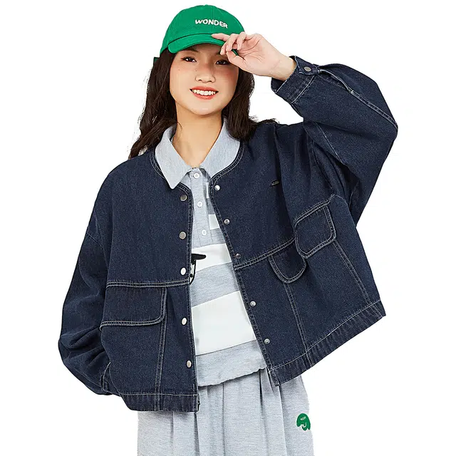 木果果木 日系工装风圆领宽松牛仔外套 女 深牛仔蓝