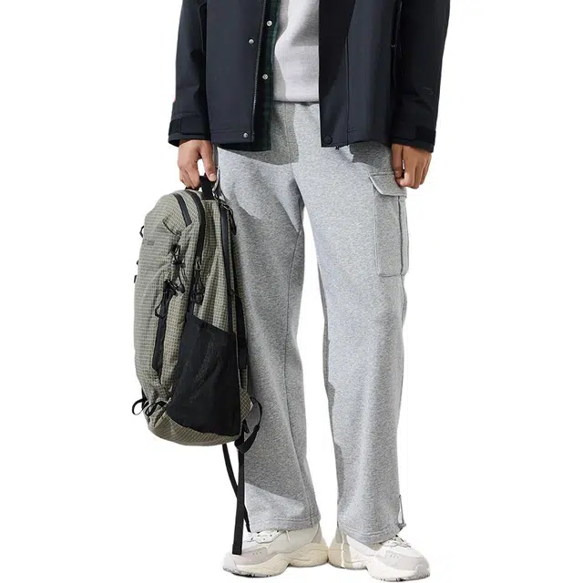 超级安踏 运动生活系列 纯色中腰系带舒适透气百搭宽松直筒休闲裤 男款 灰花灰