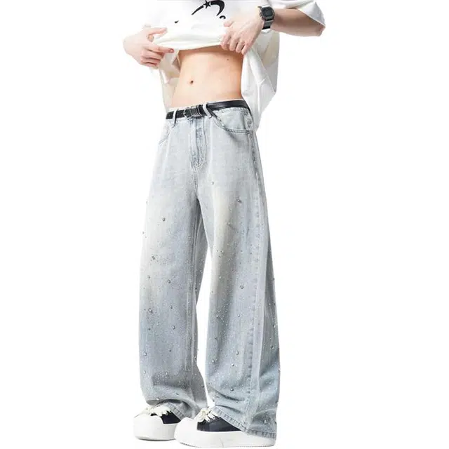 隐狼世家 薄款宽松设计拖地牛仔裤 男款