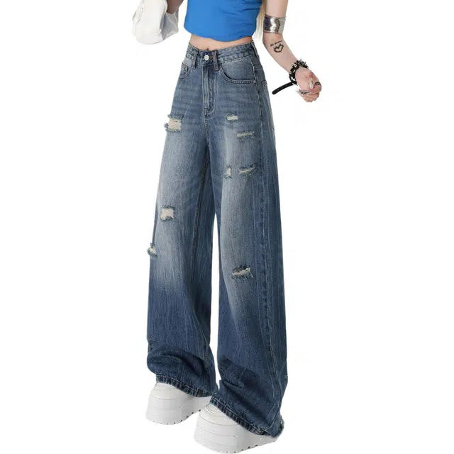 黑恐龙 潮牌复古破洞直筒宽松阔腿舒适休闲百搭高腰时尚牛仔裤 男女同款