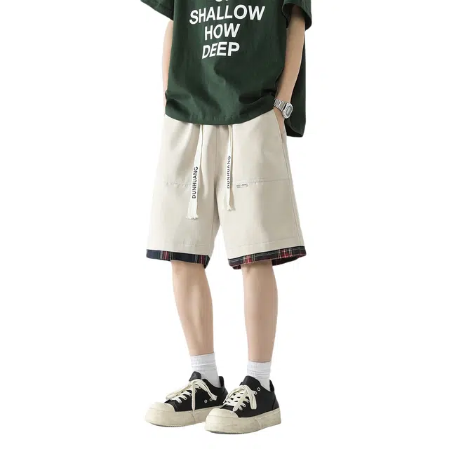 敦煌博物馆 美式设计感拼接格子潮流通勤运动百搭宽松直筒中腰系带舒适透气五分休闲短裤 男女同款