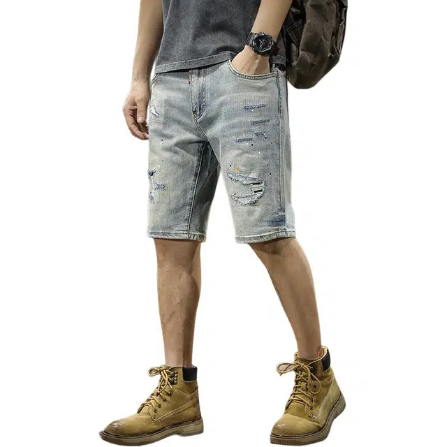 前进牛 美式重工做旧水洗泼墨破洞刮烂直筒破洞休闲五分牛仔短裤 男女同款