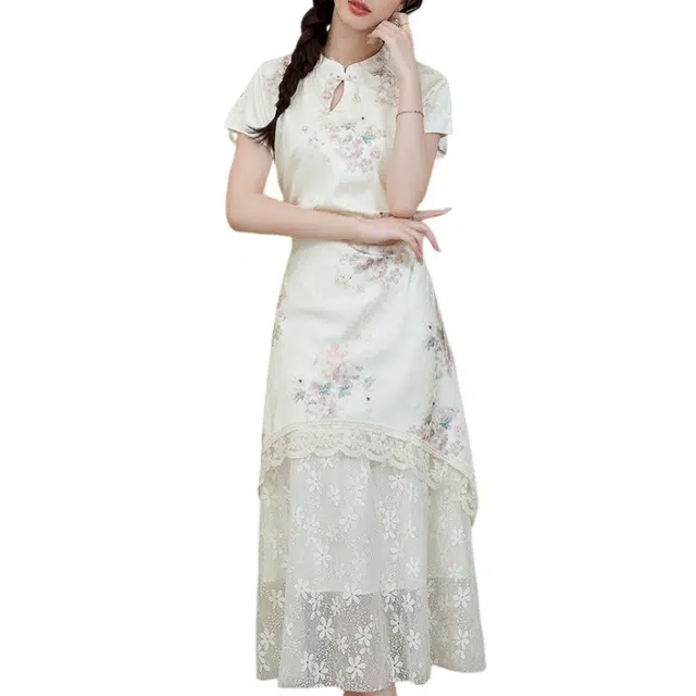 丝絮丝绸 新中式改良旗袍夏季复古少女设计感拼接蕾丝下摆碎花短袖连衣裙 女款