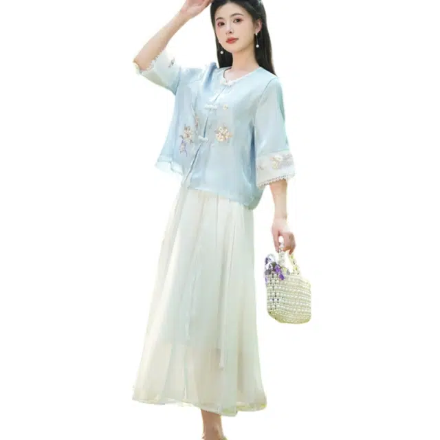 丝絮丝绸 新中式刺绣仙气茶艺服短袖上衣复古文艺简约半身裙裙装套装 女款