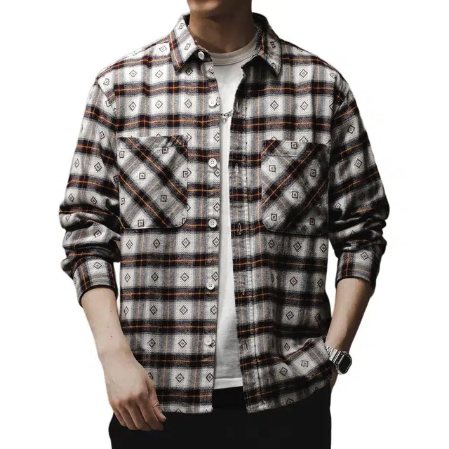 贵色 百搭美式复古格子纯棉长袖衬衫 男女同款