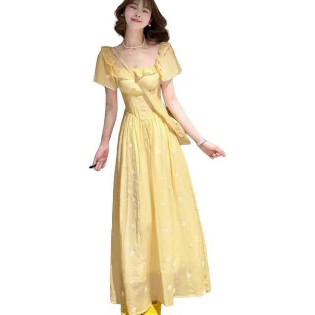 水中花 法式甜美气质小众设计温柔风方领修身显瘦碎花短袖连衣裙 女款