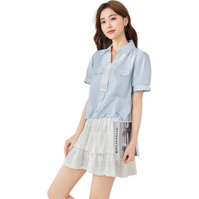 爱依服 法式文艺知性纯色短袖通勤衬衫 女款