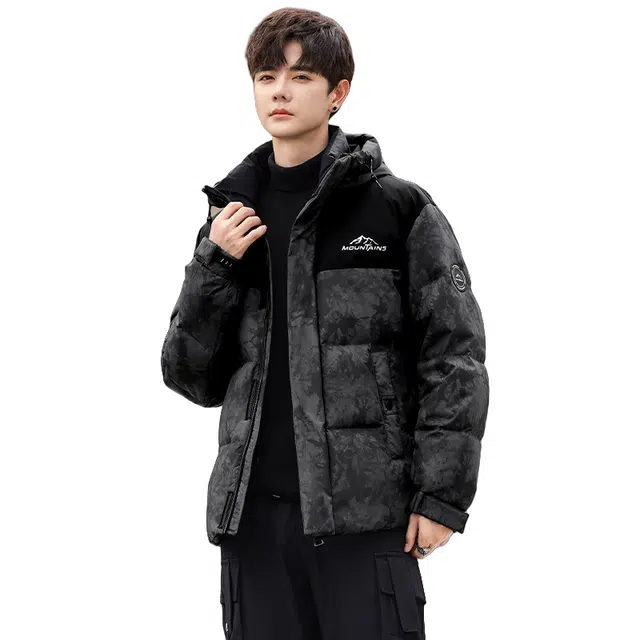 鸭鸭 青年时尚韩版潮流短款连帽户外运动休闲百搭防寒保暖迷彩面包羽绒服 男女同款