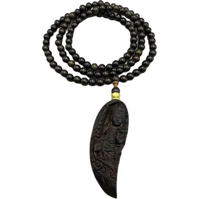 爵倾 沉贵宝月牙雕刻观音毛衣链 檀木 木作项链 男女同款情侣款