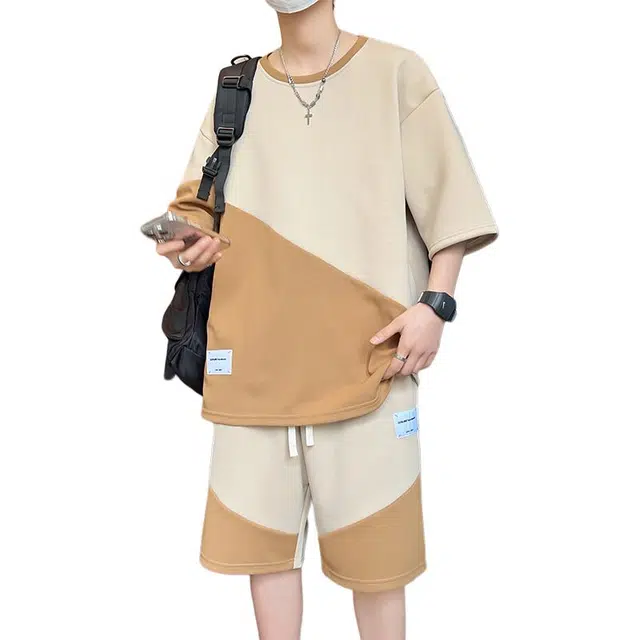 顶峰保罗 凉感透气撞色拼接抽绳直筒短袖短裤帅气搭配一套冰丝速干宽松百搭休闲运动套装 男女同款