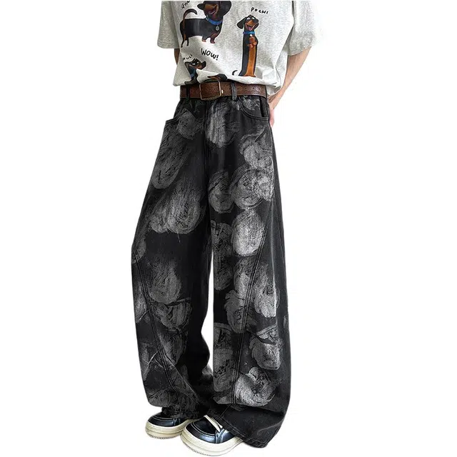 沃马 美式高街拼接水洗高级感流行泼墨弯刀牛仔裤 男女同款