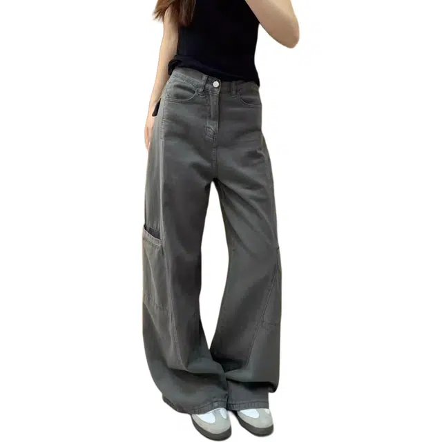 如续 美式复古设计感高腰宽松直筒显瘦阔腿裤工装裤牛仔裤 女款