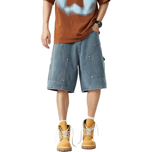 敦煌博物馆 美式复古水洗柳钉设计感纯色松紧腰绳舒适薄款百搭牛仔五分休闲短裤 男女同款 深蓝色