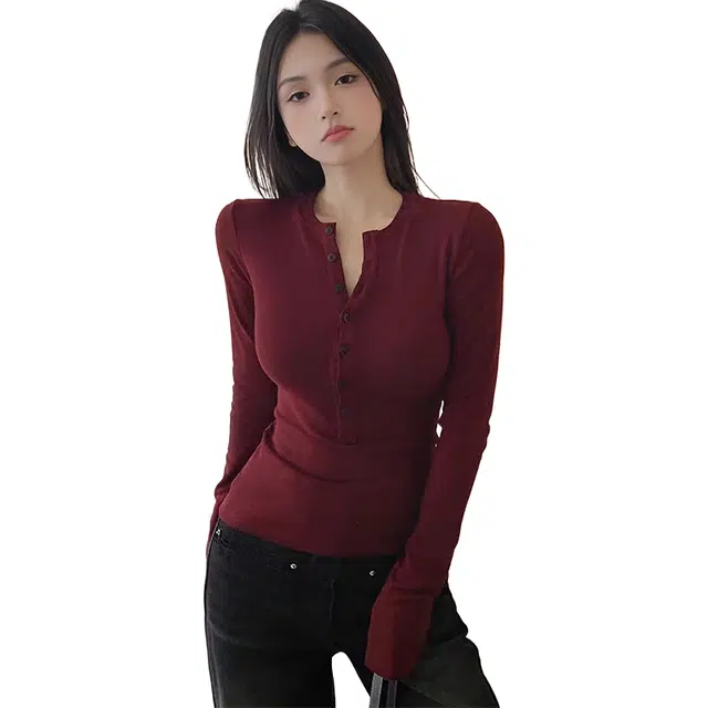 美力城 美式纯欲辣妹风圆领长袖内搭打底衫修身半开衫正肩短款上衣舒适百搭设计感针织衫 女款