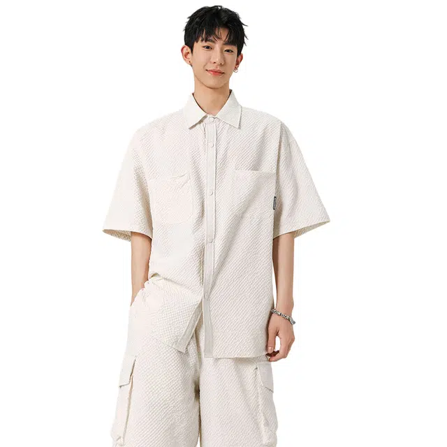 哲源 美式复古时尚百搭简约纯色肌理感多口袋工装慵懒风泡泡微褶皱设计痞帅宽松翻领短袖衬衣舒适百搭五分裤休闲运动套装 男女同款