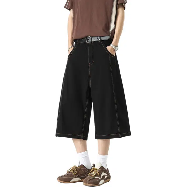 敦煌博物馆 美式复古原色水洗学院风宽松阔腿直筒潮流高级感七分裤薄款亲肤透气舒适通勤休闲百搭牛仔短裤 男女同款