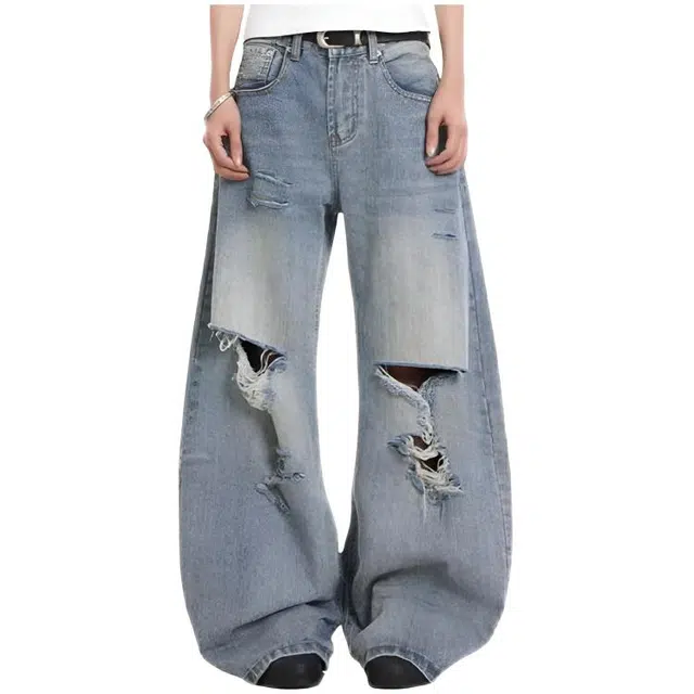 天才小熊 潮流时尚美式复古宽松休闲显瘦破洞裤女街头个性直筒微喇弯刀裤牛仔裤 女款