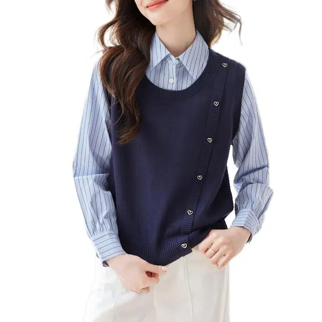 曲韩 针织拼接条纹上衣假两件休闲百搭时尚长袖衬衫 女款 藏青色