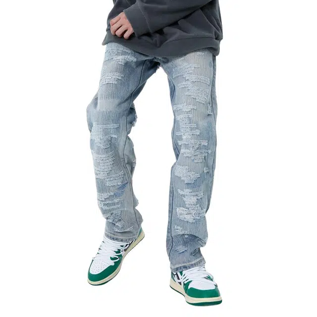 极限涡轮 美式高街复古水洗提花潮牌小众做旧休闲牛仔裤 男女同款 浅蓝色