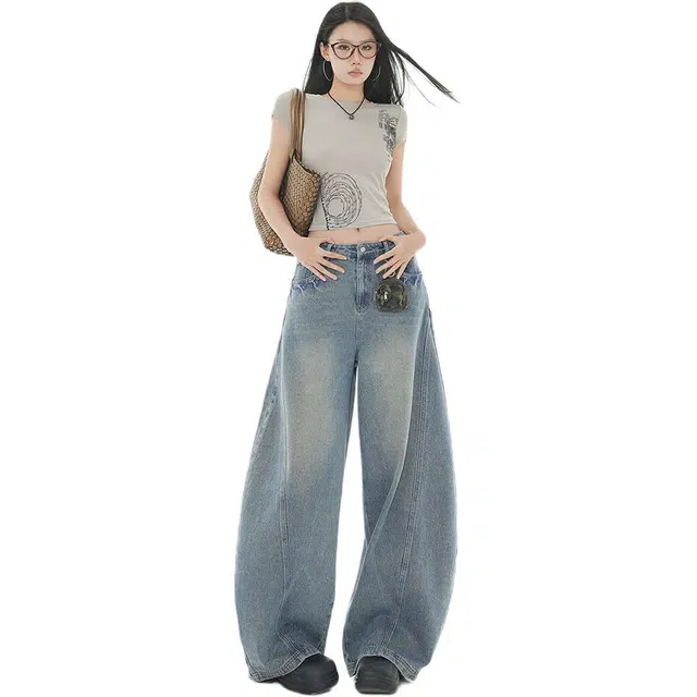 颂希尔 美式高街做旧宽松百搭高腰裤设计感弯刀裤子牛仔裤 男女同款