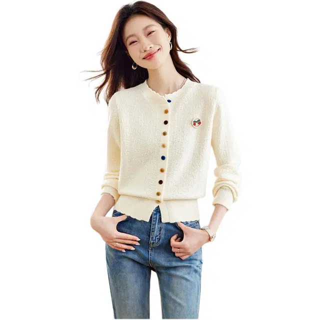 曲韩 拼色短款长袖针织衫 女款