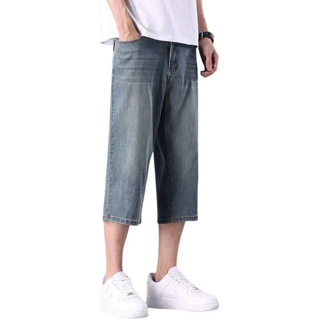 协协乐 凉感透气七分夏季冰丝薄款做旧水洗复古潮流宽松直筒休闲百搭运动牛仔短裤 男款