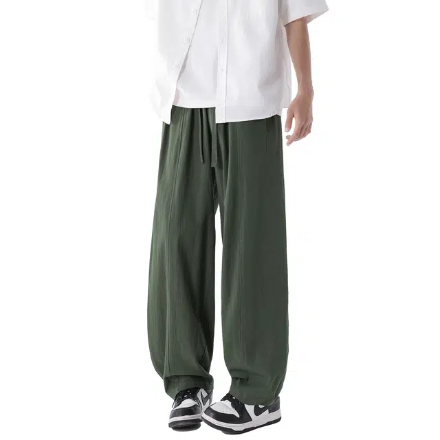 帝狼牛 美式简约基础百搭轻薄透气纯色复古宽松慵懒中腰抽绳系带垂感阔腿休闲裤 男女同款