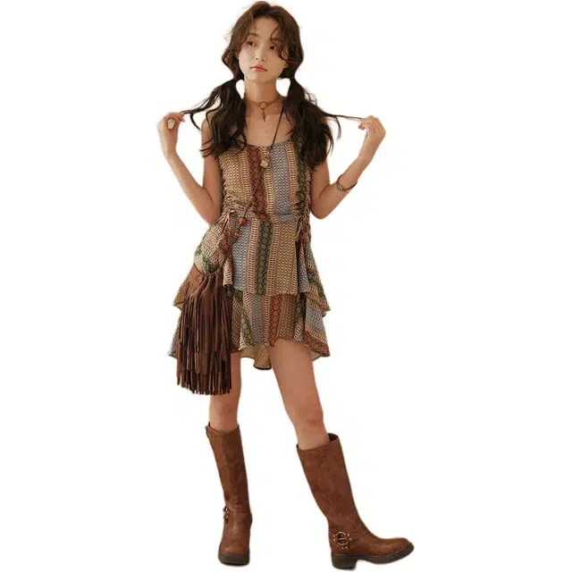 哒头下雨不愁 甜辣抽褶夏季不规则下摆外穿过膝中长裙吊带连衣裙 女款