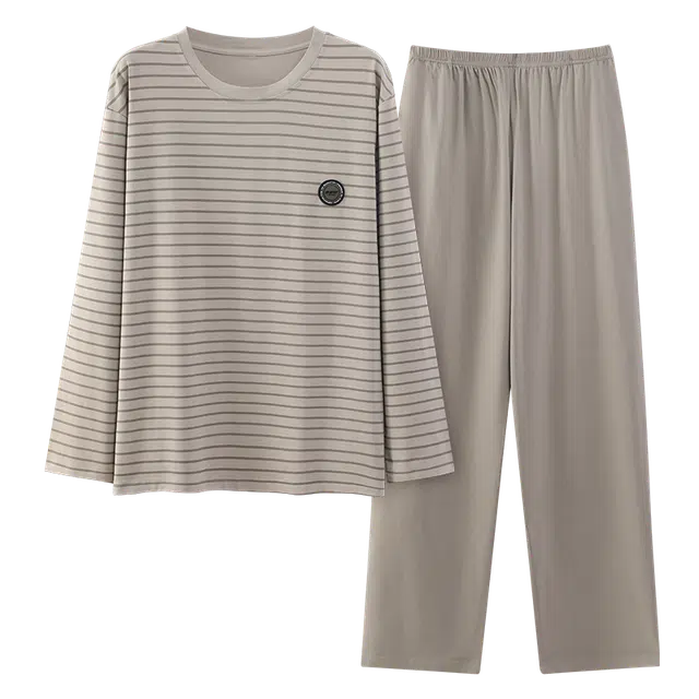 顶瓜瓜 条纹图案圆领设计纯棉面料亲肤舒适可外穿家居服睡衣套装 男款