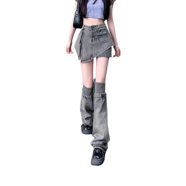 怪力萝莉 街头朋克亚文化半身甜酷辣妹条纹拼接腿套牛仔短裙 女款 灰色短裤+腿套