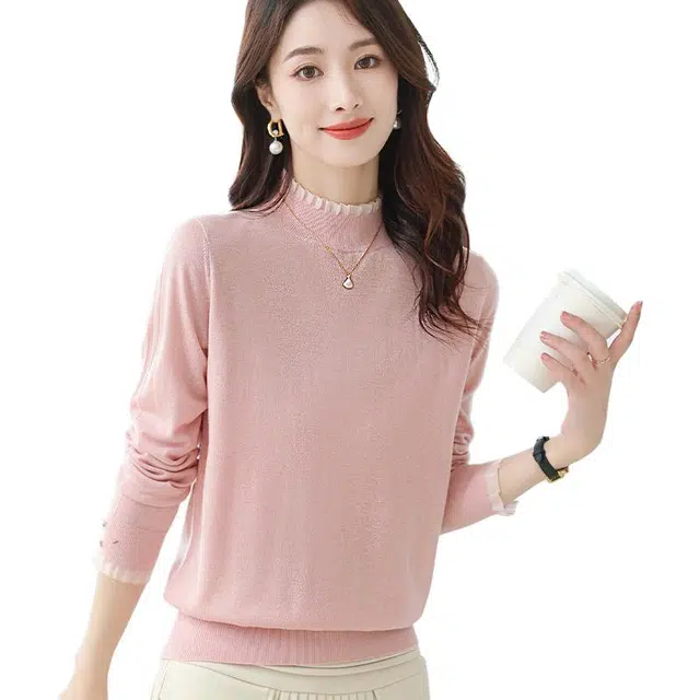 恒源祥 蕾丝花边半高领纯色套头针织衫 女款