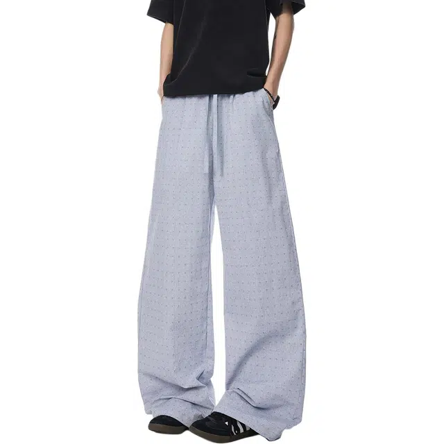 童先森 透气夏季宽松格子中高腰长裤休闲裤 男款