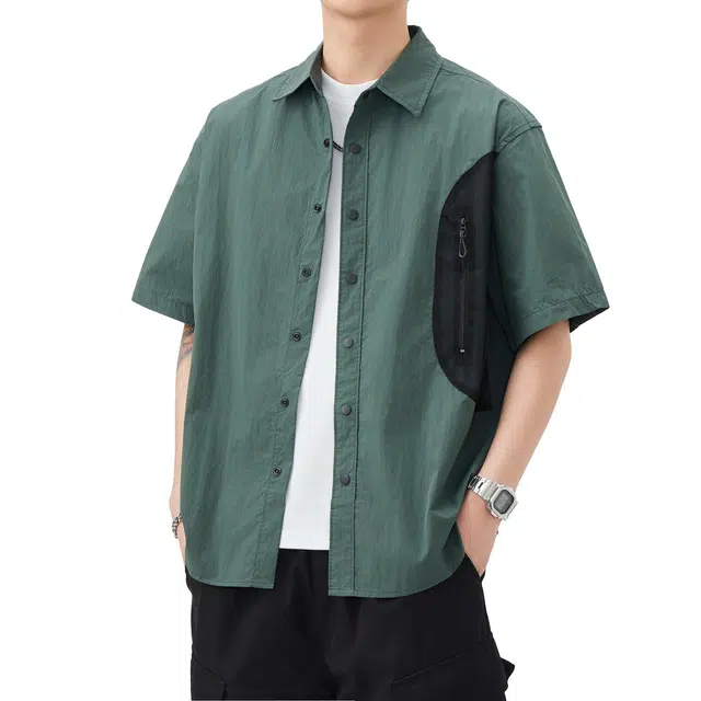帝狼牛 山系户外机能休闲舒适薄款透气翻领侧边拉链日式高端复古拼接凉感短袖衬衫 男女同款