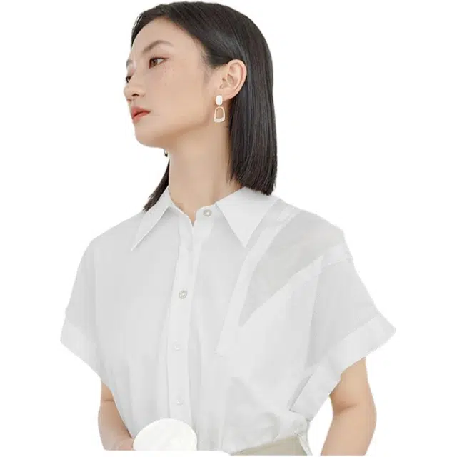 熙然 纯色方领宽松短袖时尚百搭衬衫 女款