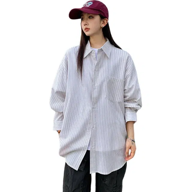 水中花 秋季时尚条纹内搭衬衣慵懒风宽松设计感百搭休闲学院风叠穿外穿薄款上衣长袖衬衫 女款