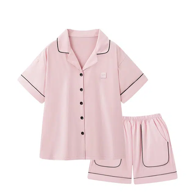 俏韵 翻领夏季纯棉舒适简约短袖甜美可爱薄款家居服可外穿睡衣套装 女款