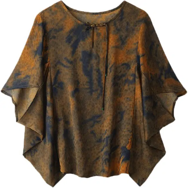 曲韩 雪纺印花蝙蝠袖圆领短袖衬衫 女款