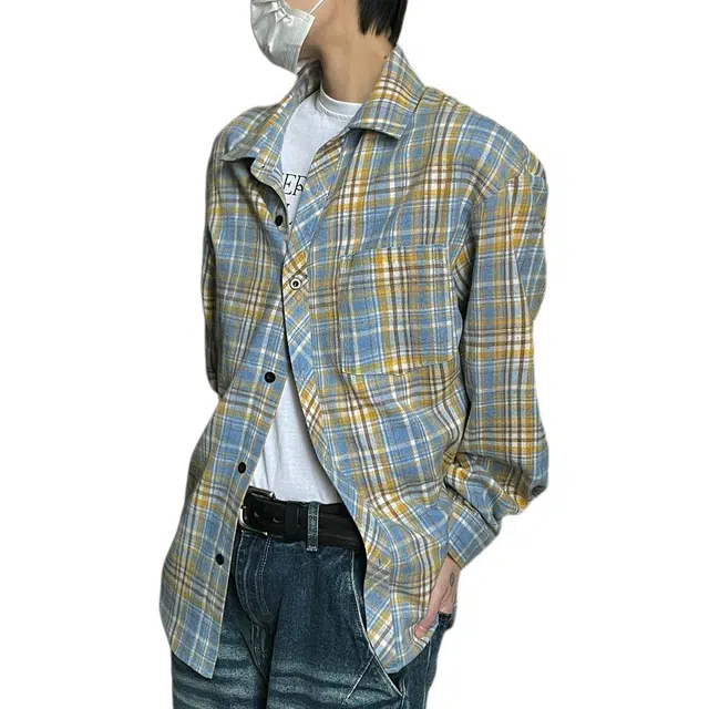 冈哉 美式撞色多巴胺休闲潮流百搭垂感时尚简约格纹设计舒适基础款长袖痞帅衬衣外套空调上衣宽松翻领纽扣衬衫 男女同款