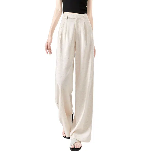她池 垂感宽松文艺风阔腿高腰纯色休闲裤 女款 米色
