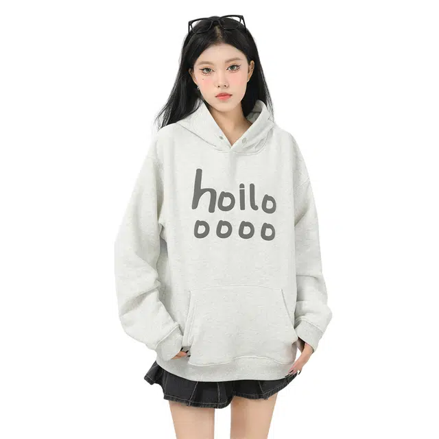 柏黛妃 美式复古字母印花连帽套头卫衣 女款 灰色