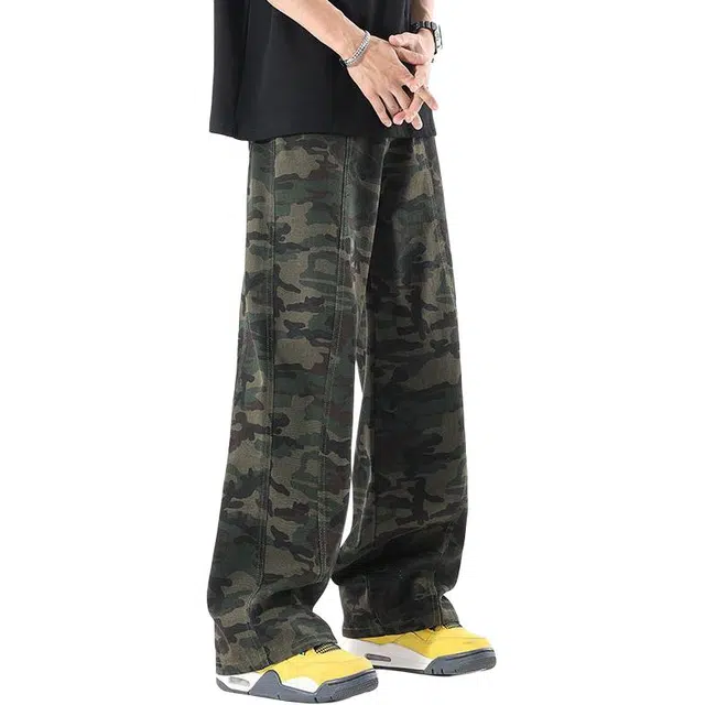 隐狼世家 宽松潮流迷彩牛仔裤阔腿高街百搭时尚休闲裤 男款