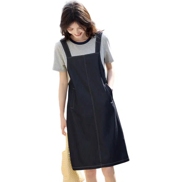 沐晓欣 甜美舒适假两件微弹拼接简约短袖连衣裙 女款