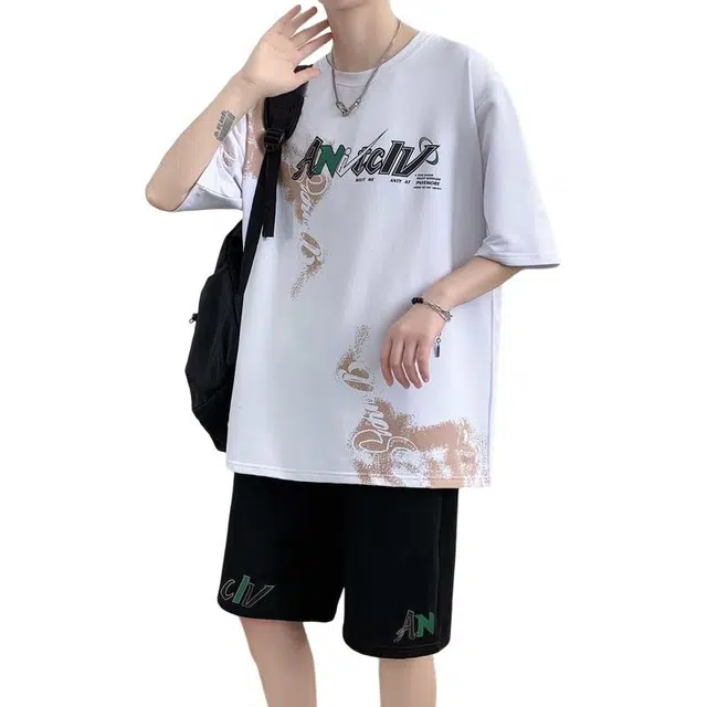 袋鼠 纯色纹路印花短袖五分裤复古设计日系美式韩版潮牌解构极简宽松创意设计感街头通勤百搭时尚清爽透气圆领休闲运动套装 男女同款