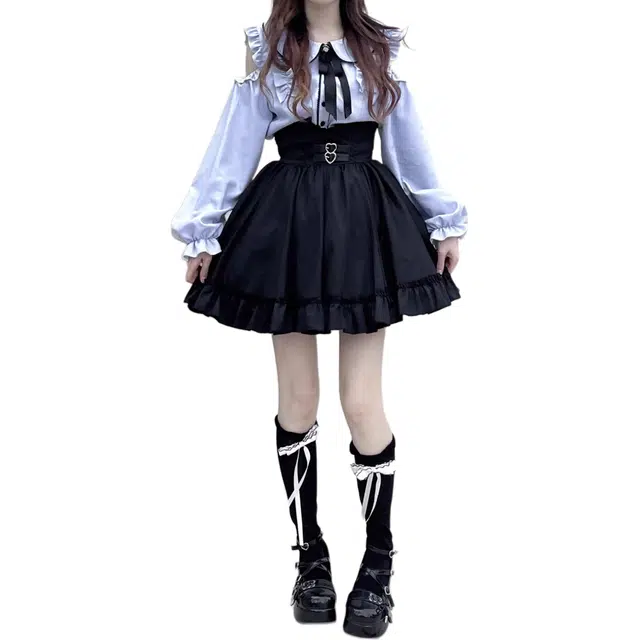 黛尔佳人 小个子甜美可爱娃娃领露肩衬衫上衣收腰半身裙子女两件套秋季长袖连衣裙 女款