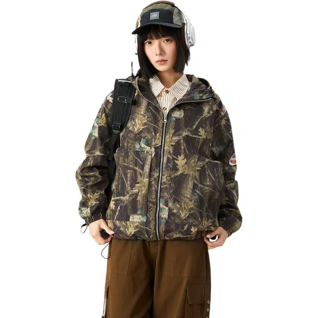 敦煌博物馆 美式高街树叶迷彩防风休闲连帽百搭夹克外套 男女同款