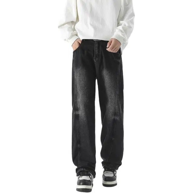 极限涡轮 复古扎染潮牌个性嘻哈水洗做旧宽松直筒牛仔裤 男女同款