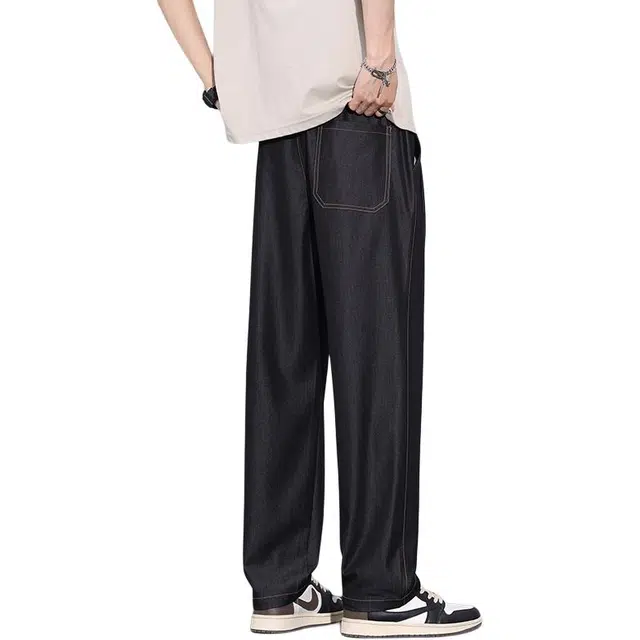 协协乐 原牛裤子夏季薄款冰丝凉感透气直筒宽松阔腿原色休闲百搭运动垂感长裤男牛仔裤 男款