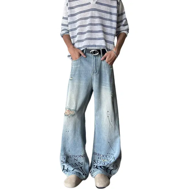 颂希尔 美式复古破洞裤字母涂鸦宽松设计感高腰阔腿裤休闲牛仔裤 男女同款